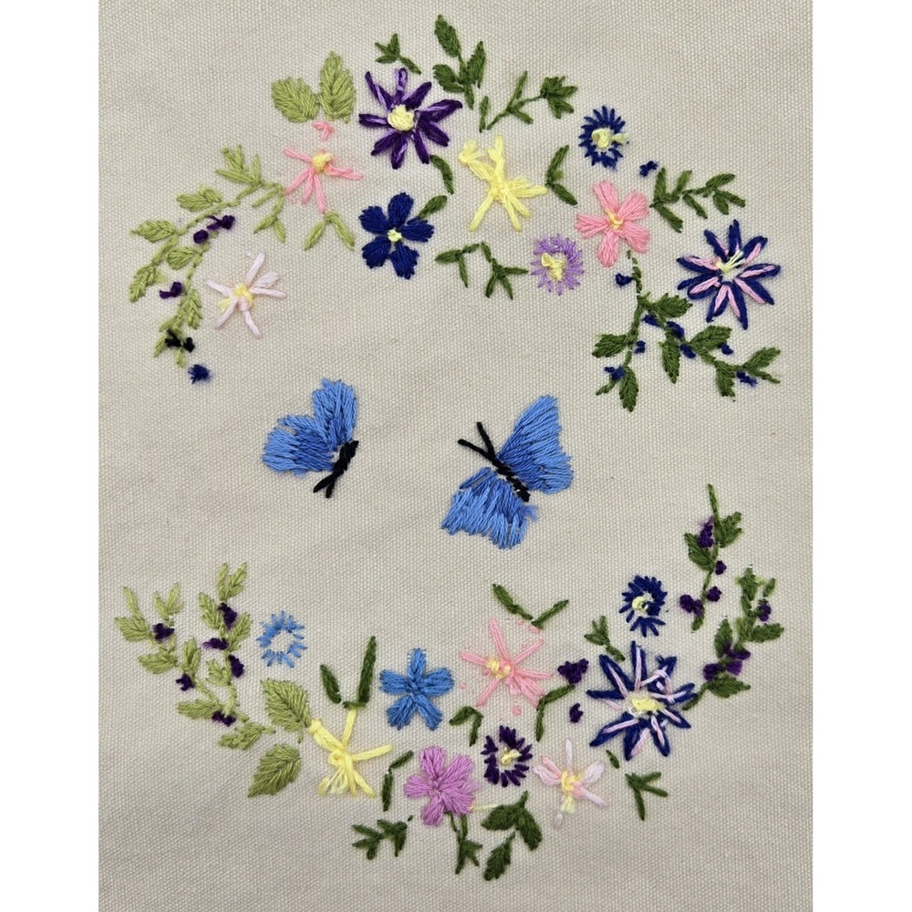 Embroidered Blue Butterflies Floral Wreath 10.5x11 Handmade Fabric Textile Art